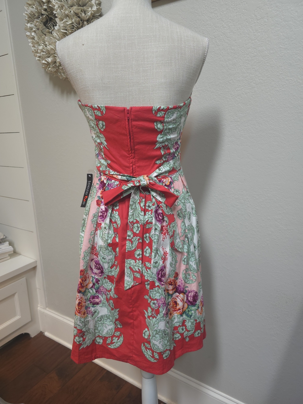Teeze Me Strapless Red and Pink Floral Button-Front Dress - Picture 2 of 3